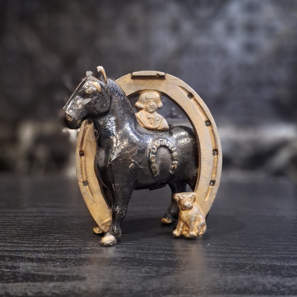 Antique Cast Iron Coin Bank, Buster Brown And Tige, Horseshoe Goodluck Bank